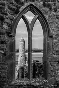 McCarthy's Tower Through Cathedral Window - Clonmacnoise Monastic Site (Cluain Mhic Nóis) County Offaly, Ireland